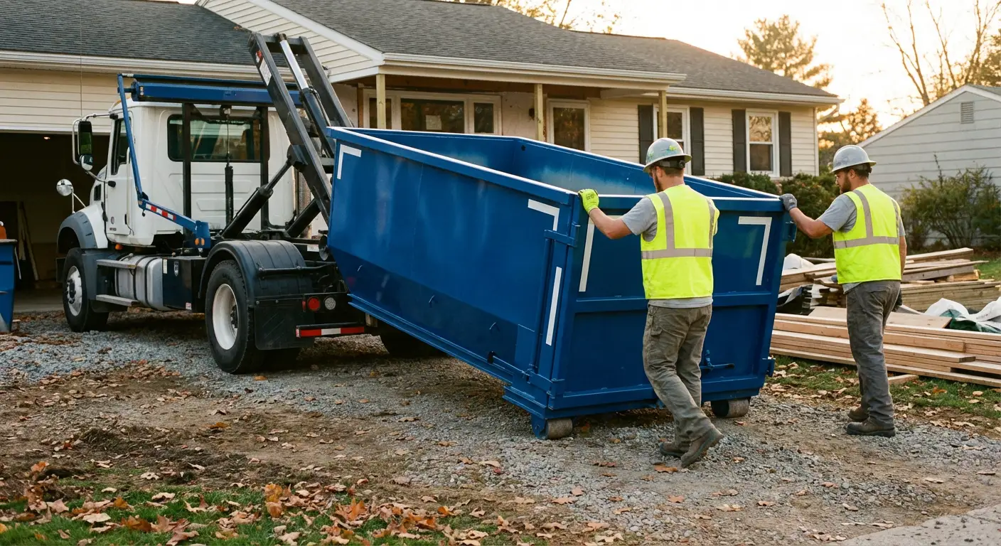 Construction dumpster delivery truck in action in Westminster, CO