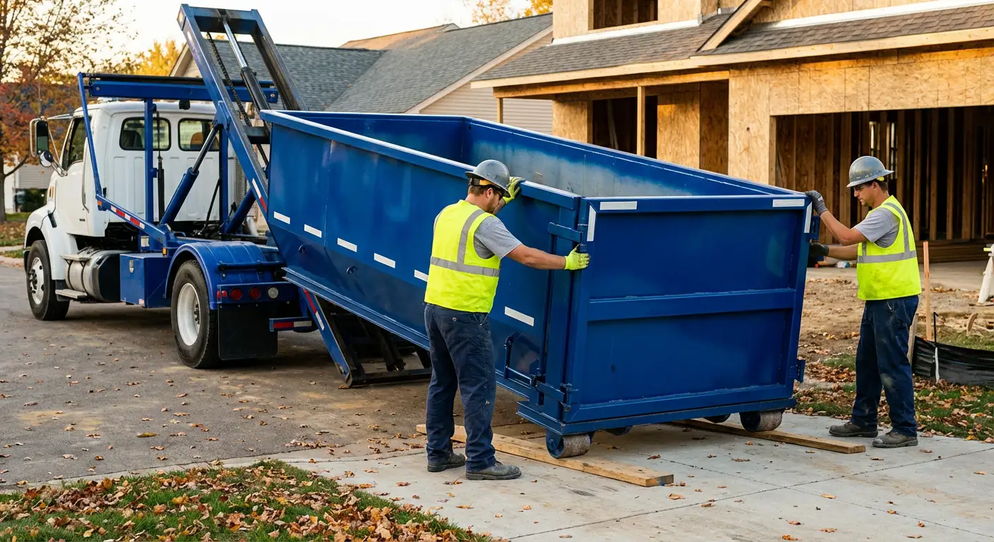 Roll-off dumpster delivery truck in residential area in Westminster, CO