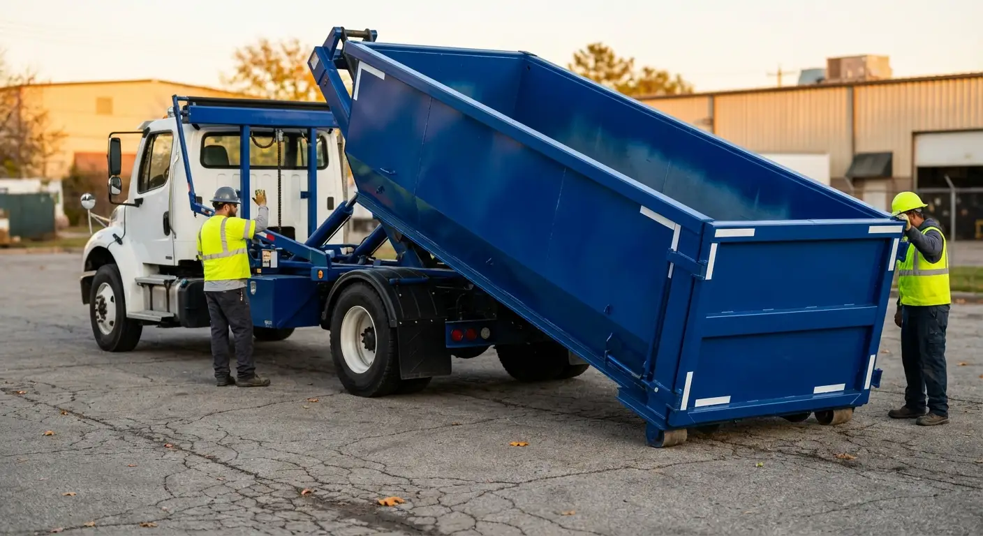 Roll-off dumpster rental truck protecting driveway surfaces in Westminster, CO