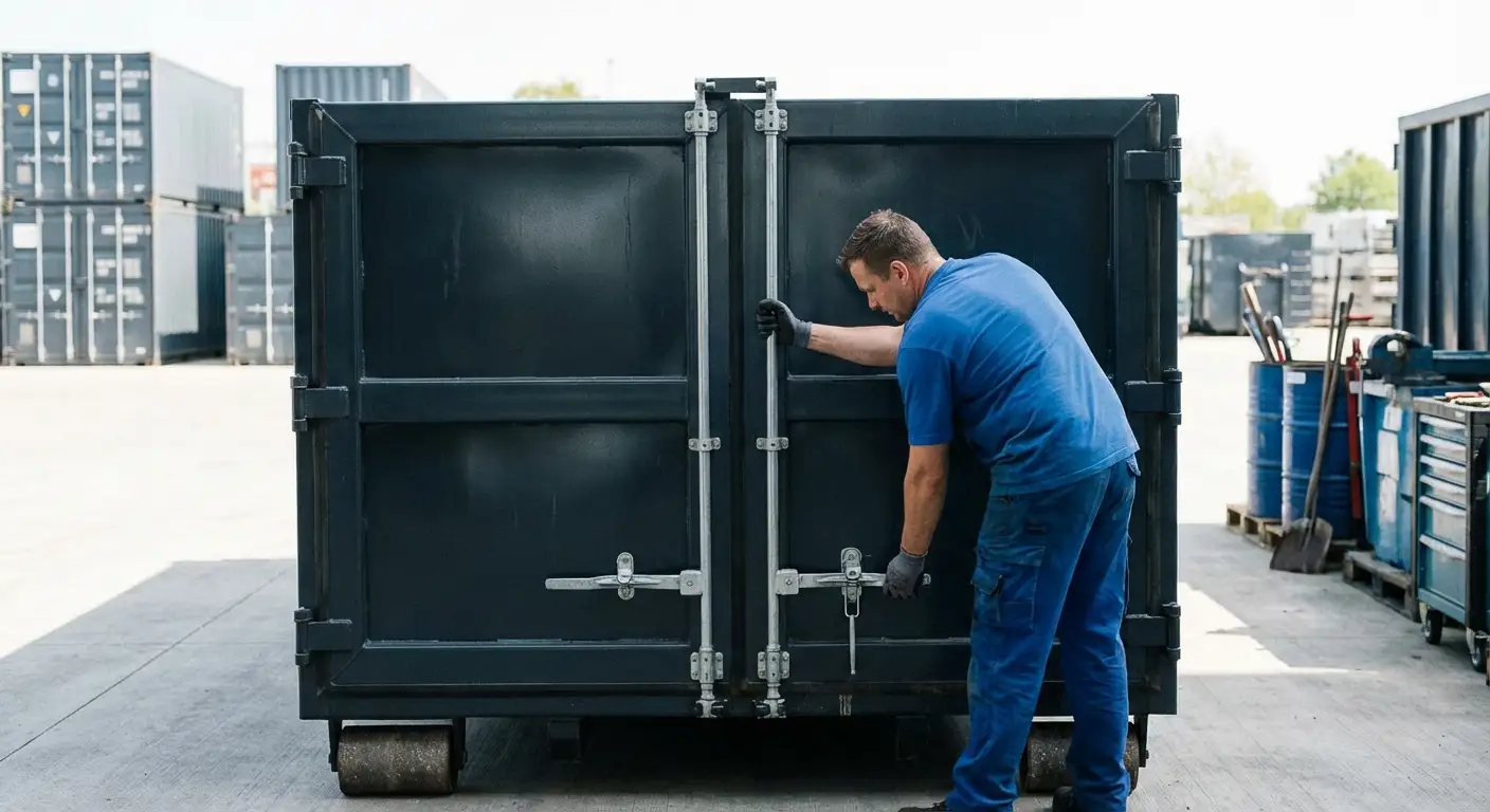 Dumpster walk-in loading door open showing easy access in Westminster, CO