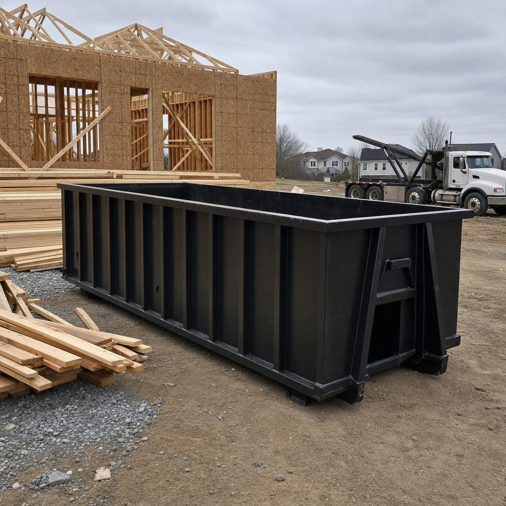 Matte-black 40-yard roll-off dumpster staged on a framed-out residential construction site in Westminster, framing lumber stacked nearby, hooklift delivery truck visible in the background under bright Colorado daylight