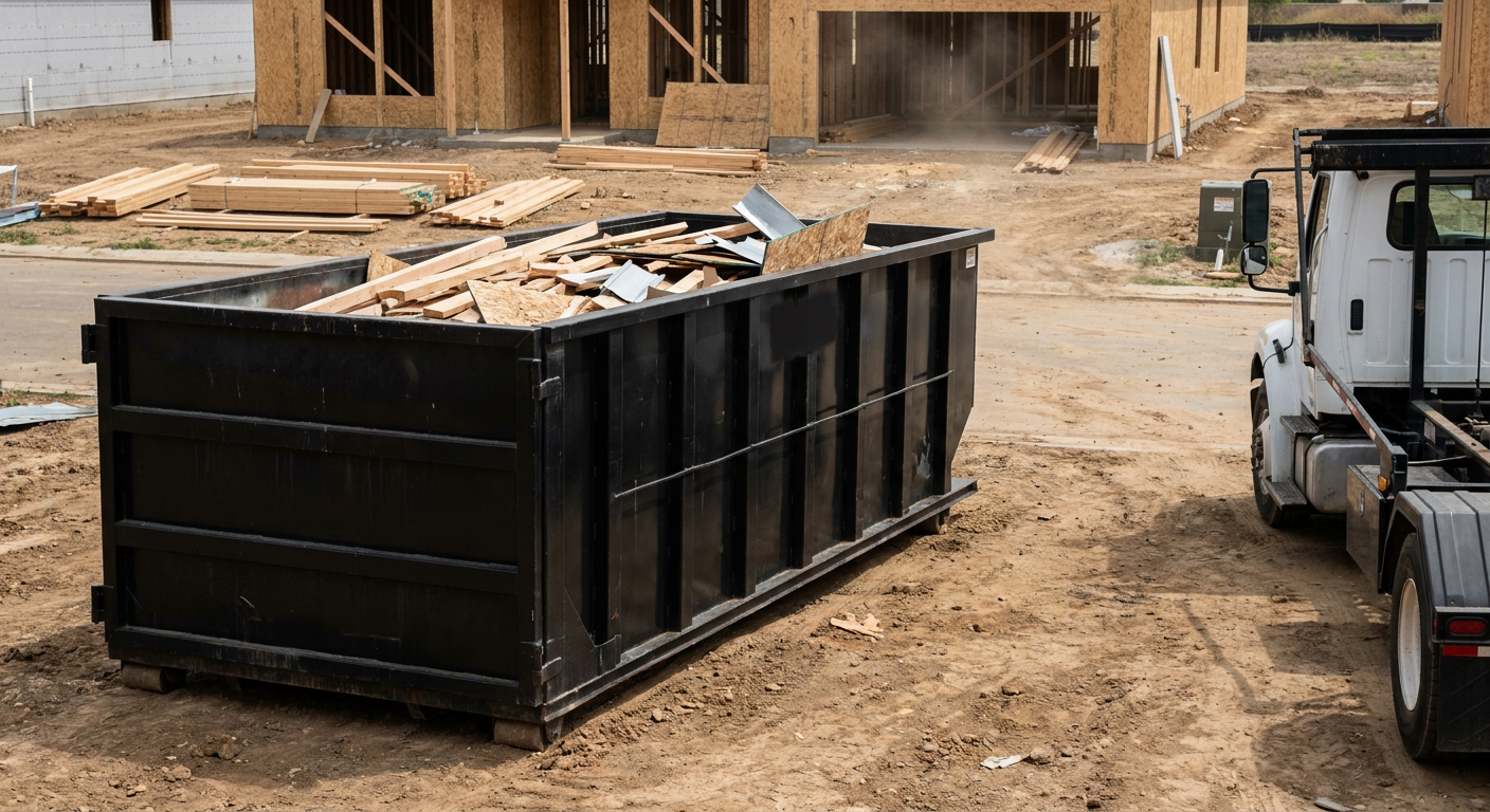 Matte-black 20-yard roll-off construction dumpster with heavy ribbed steel sidewalls and swing rear doors at a working jobsite in Westminster, sitting directly on compacted dirt with an unmarked white hauler partially visible at the far edge of the frame.
