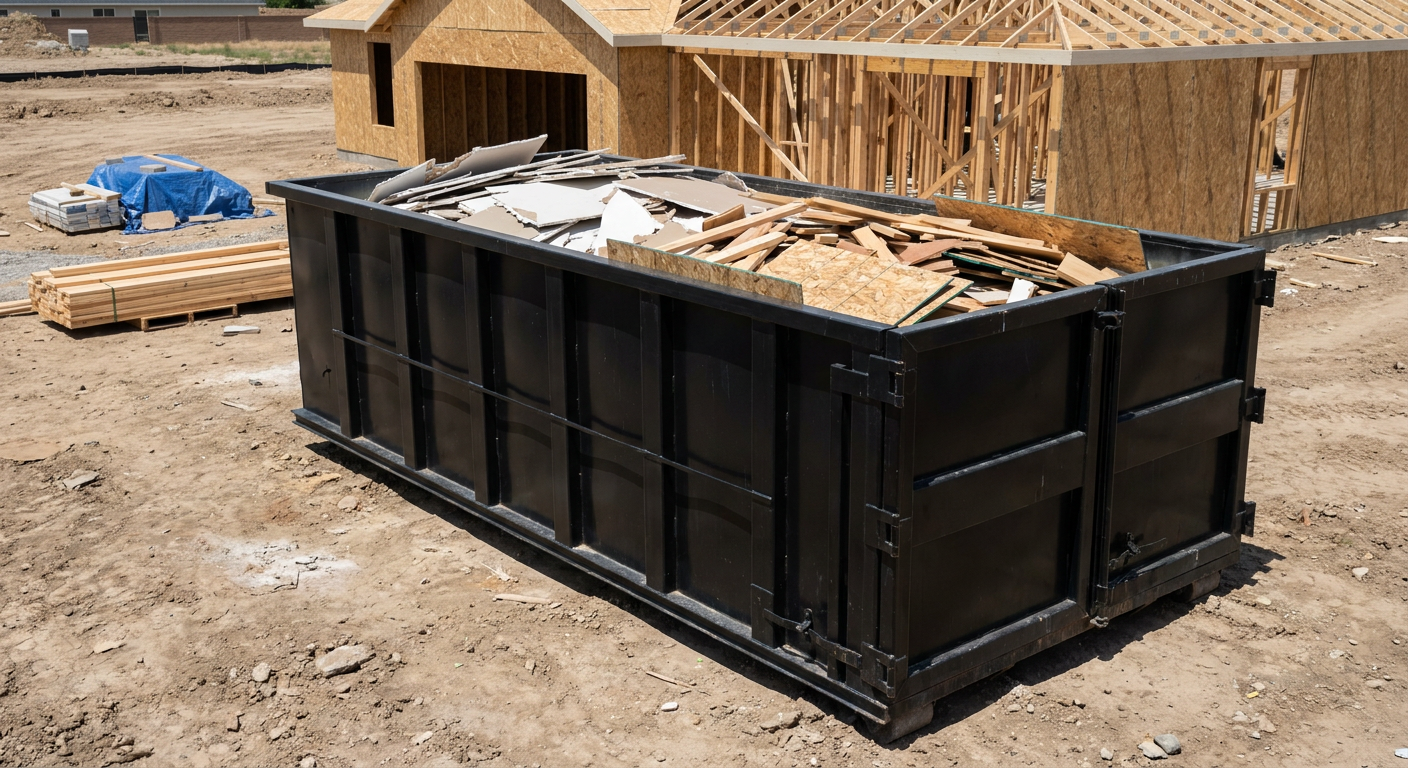 Matte-black 30-yard roll-off construction dumpster sitting directly on the compacted-dirt site of a framed single-family home build in Westminster, drywall and lumber scrap loaded inside.