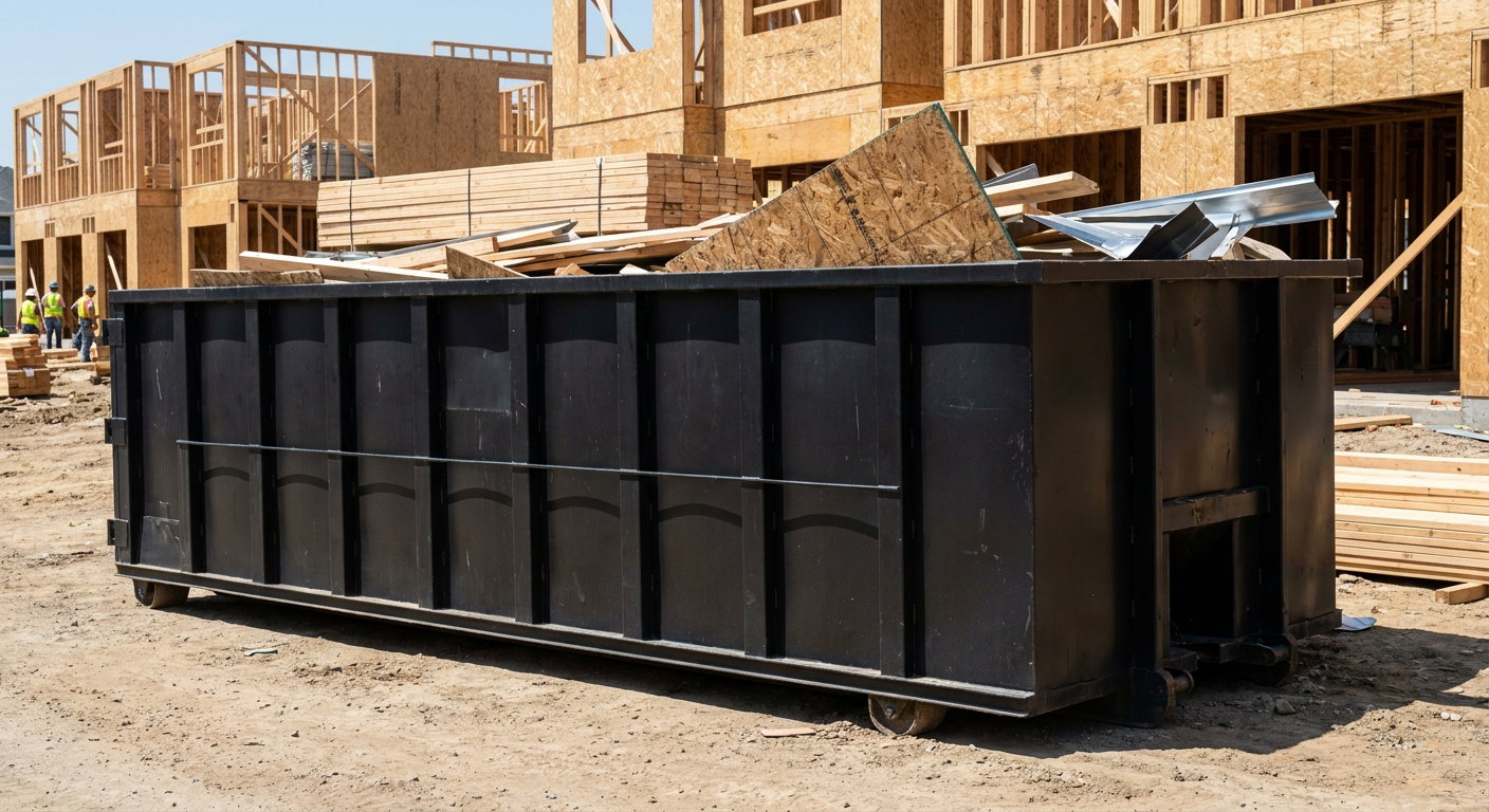 Matte-black 40-yard roll-off construction dumpster being lowered from a white-cab hooklift delivery truck onto the compacted-dirt jobsite at a commercial build site in Westminster