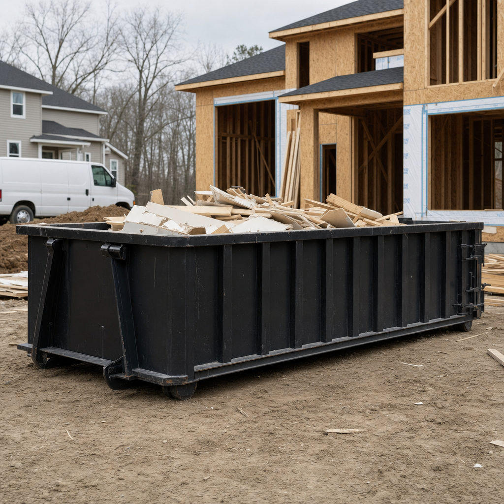 Worker in a yellow high-visibility vest tossing framing lumber and broken drywall into a matte-black 30-yard construction roll-off dumpster on an active build site in Westminster, bright daylight