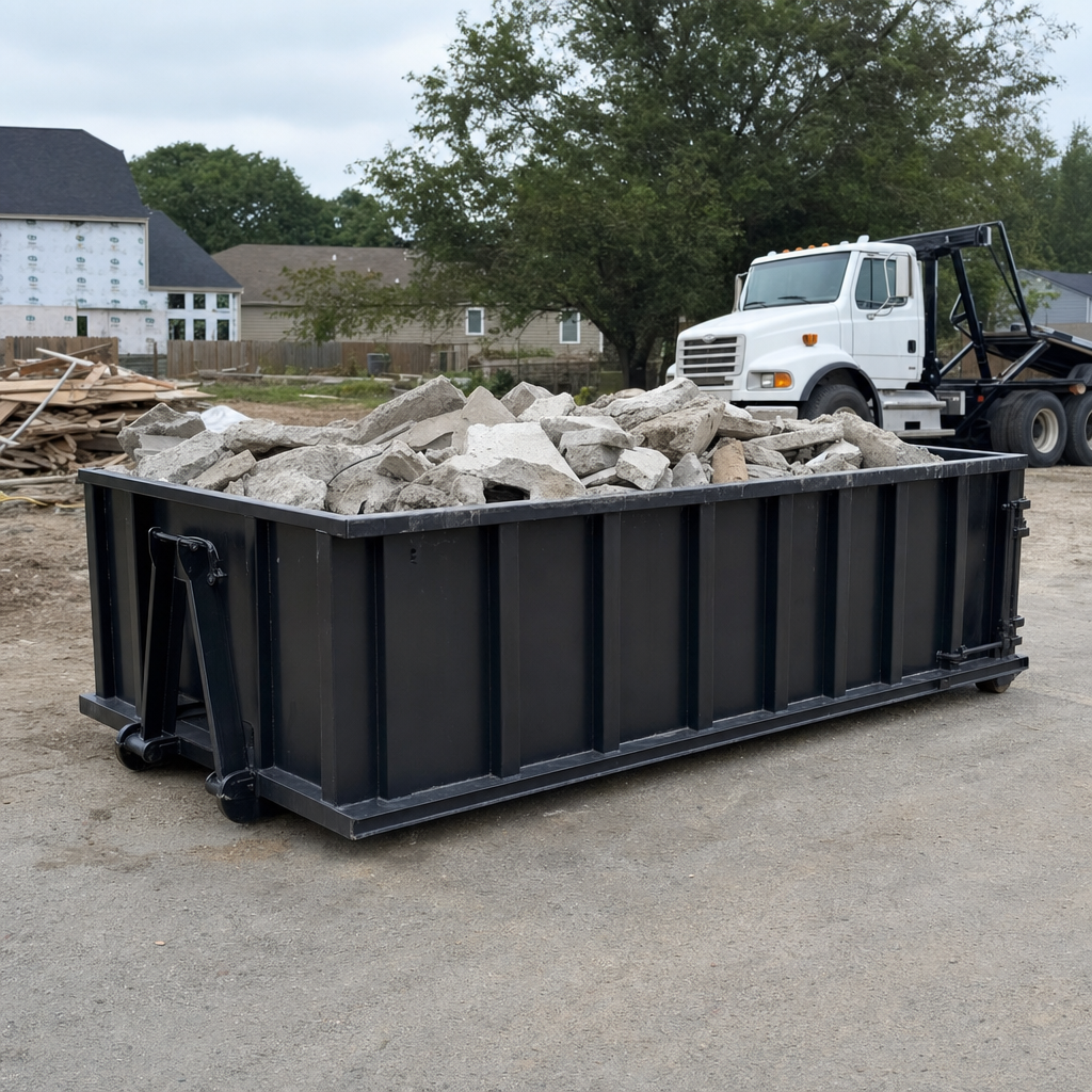 Low-profile matte-black lowboy roll-off dumpster loaded with broken concrete slab and rebar at a foundation tear-out in Westminster, skid steer parked beside it, sunny Colorado morning