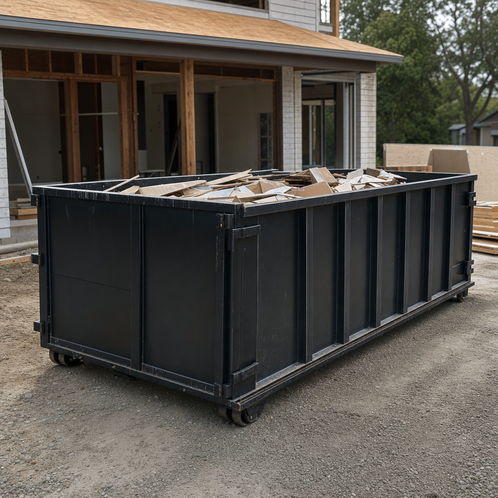Large matte-black 30-yard construction roll-off dumpster at an active Westminster jobsite, steel-gray top rails and bottom rollers visible, loaded with construction debris.