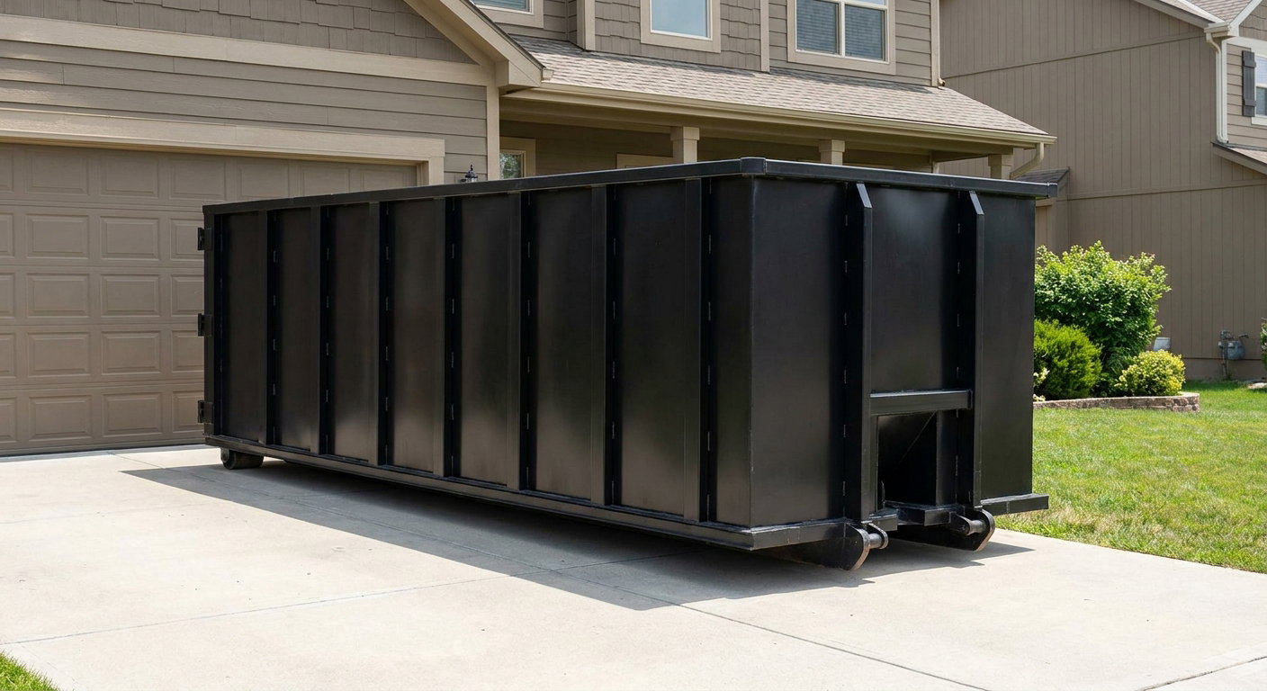 Matte-black residential roll-off dumpster sitting directly on a suburban Westminster concrete driveway, garage door closed, single-family home in background, bright morning daylight.