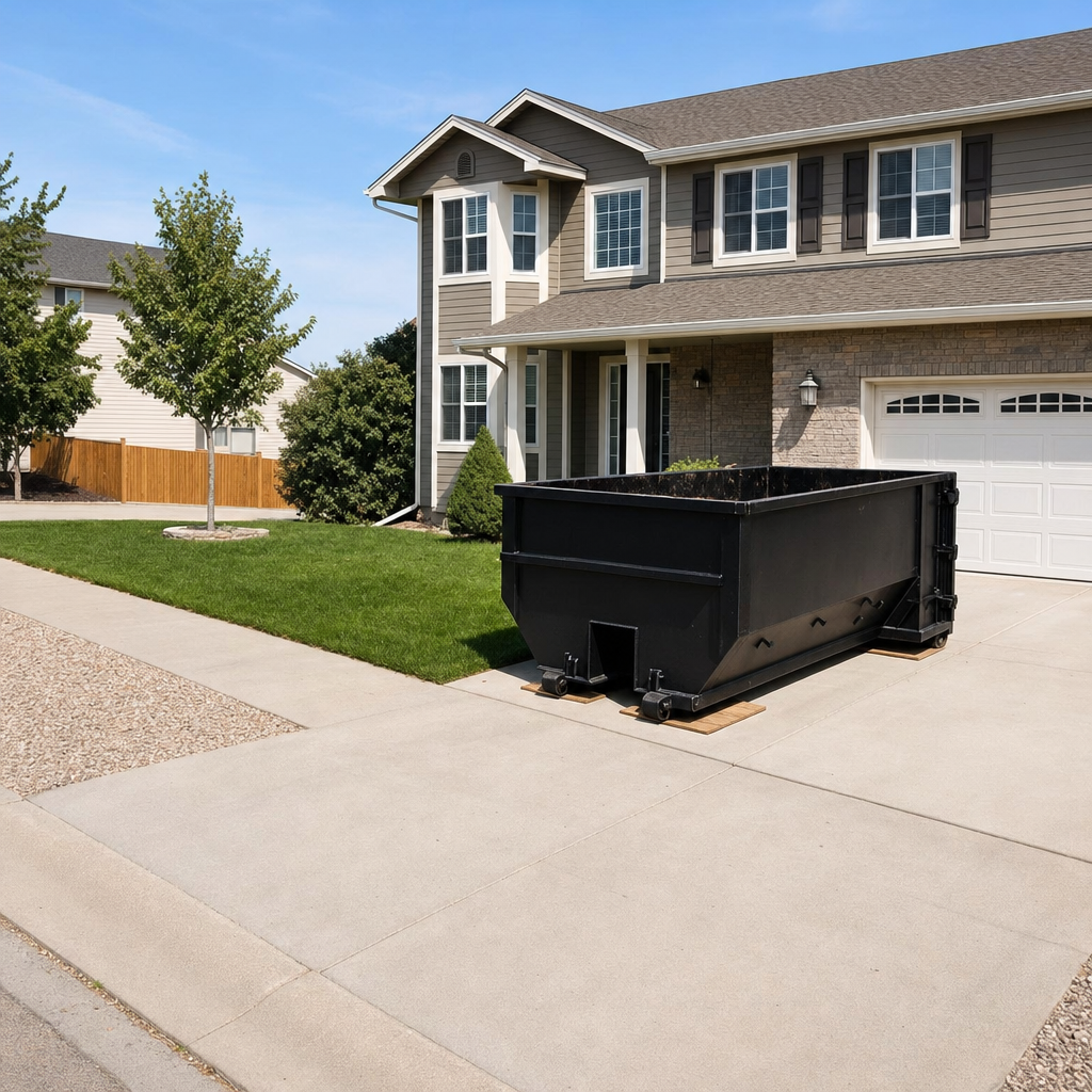 10-yard matte-black residential dumpster placed directly on a narrow Westminster concrete driveway, room remains for a parked sedan beside it, mid-morning natural light