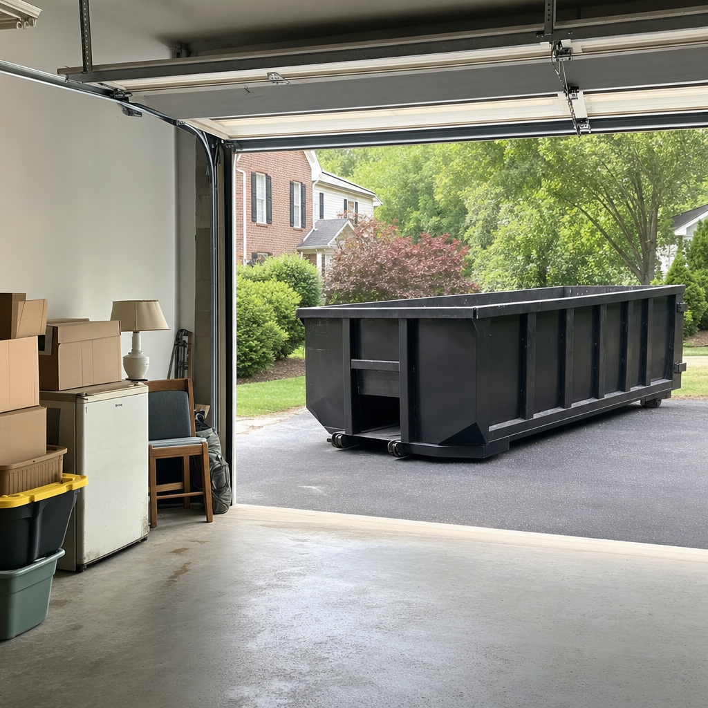 Open garage interior in a Westminster home mid-cleanout — boxed items, an old appliance, and stacked yard tools queued near the driveway for a matte-black roll-off dumpster, organized and calm