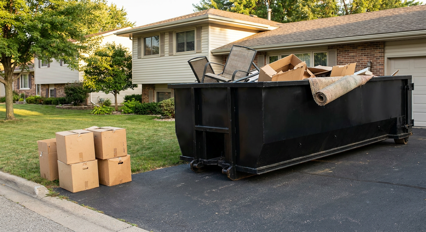 Front-yard view of a Westminster split-level home with a 20-yard matte-black roll-off dumpster sitting directly on the asphalt driveway, a few clearly labeled donation boxes staged at the curb, calm sunny afternoon.