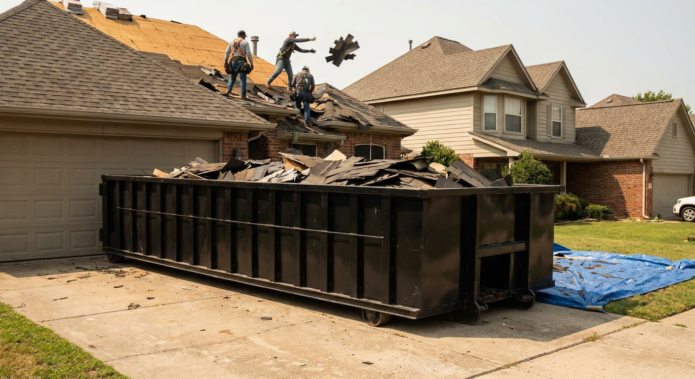 Matte-black roofing roll-off dumpster placed directly on a Westminster residential concrete driveway, a tear-off crew on a two-story asphalt-shingle roof tossing shingle bundles into the low-walled container, bright daylight, documentary 35mm perspective.