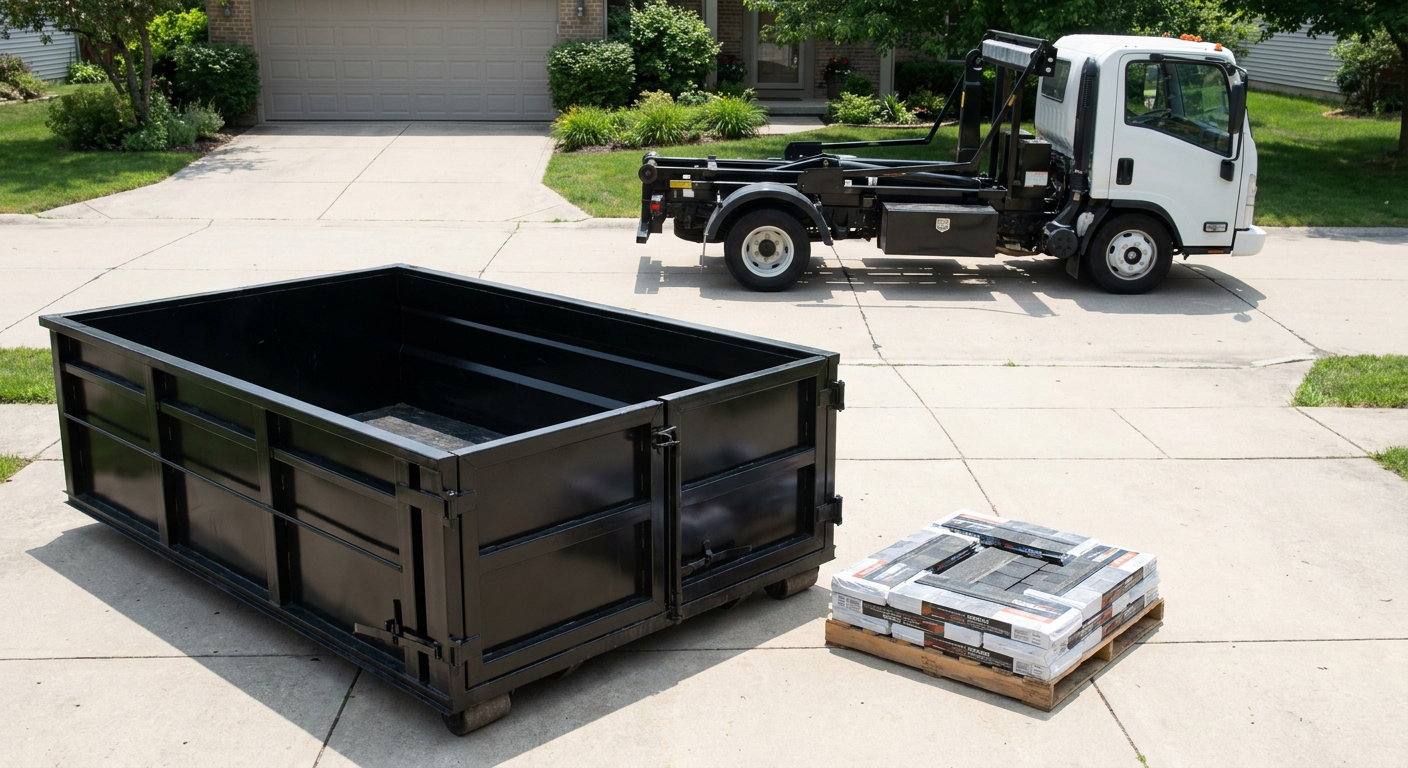 Matte-black 15-yard roofing roll-off dumpster with reinforced low side walls sitting directly on a Westminster residential concrete driveway, three-tab asphalt shingle bundles stacked nearby, an unmarked white hauler truck partially visible at the edge of the frame.