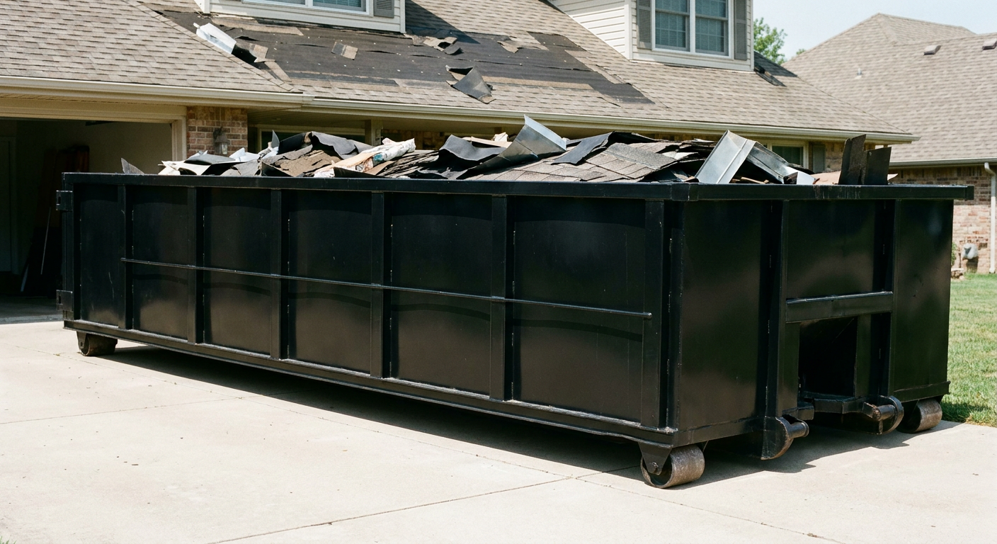 Matte-black 20-yard roofing roll-off dumpster with steel ribbed sides and swinging rear door, sitting directly on the concrete driveway of a two-story Westminster home, asphalt shingle debris being loaded over the low wall, clean documentary lighting.