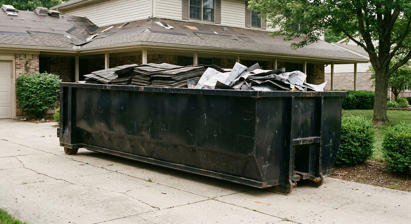 Matte-black 30-yard roofing roll-off dumpster sitting directly on a Westminster concrete driveway, taller ribbed steel side panels, mixed tear-off debris of asphalt shingles and underlayment inside, professional documentary daylight.