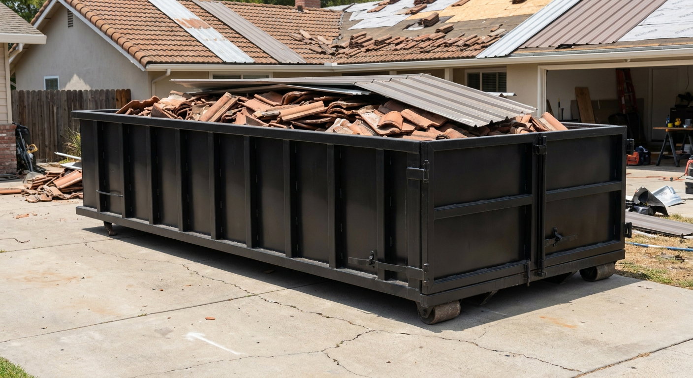 Matte-black low-wall heavy-debris roofing roll-off dumpster sitting directly on a Westminster concrete driveway, broken concrete clay roof tiles and metal panel sections loaded inside, reinforced ribbed steel side walls visible, bright outdoor daylight.