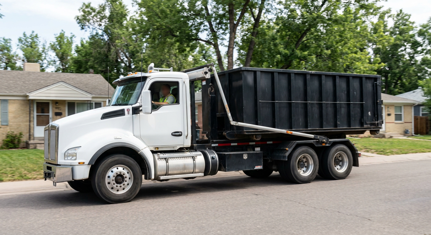 A wide documentary shot of a matte-black roll-off delivery truck pulling onto a quiet Westminster residential street at mid-morning, with neighborhood rooftops and tree-lined blocks visible behind, showing the metro coverage footprint.