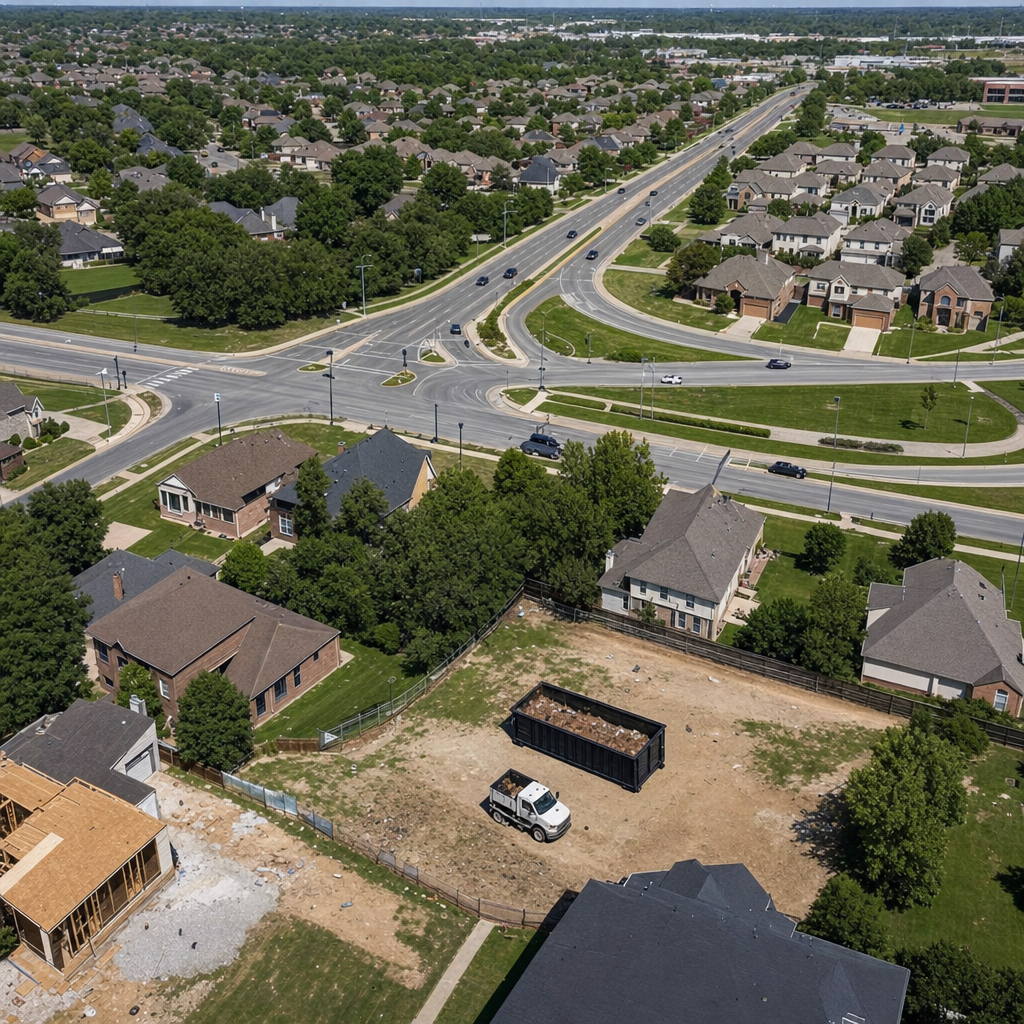 An overhead documentary view of the Westminster metro area at midday, showing the spread of neighborhoods, arterial roads, and the dispatch radius from a central yard — clean daylight, organized geographic layout.