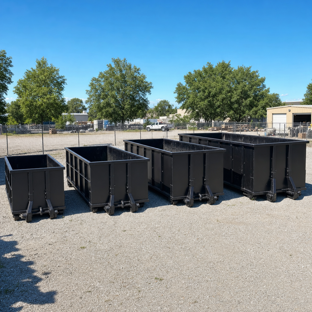 A clean lineup of matte-black roll-off dumpsters in 10, 20, 30, and 40-yard sizes staged on a sunlit gravel yard in Westminster, showing the size progression from compact to commercial-scale containers.