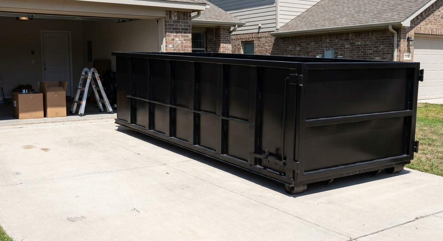 A matte-black 10-yard roll-off dumpster sitting directly on a residential Westminster concrete driveway, mid-day sunlight, clean and ready for a garage cleanout.