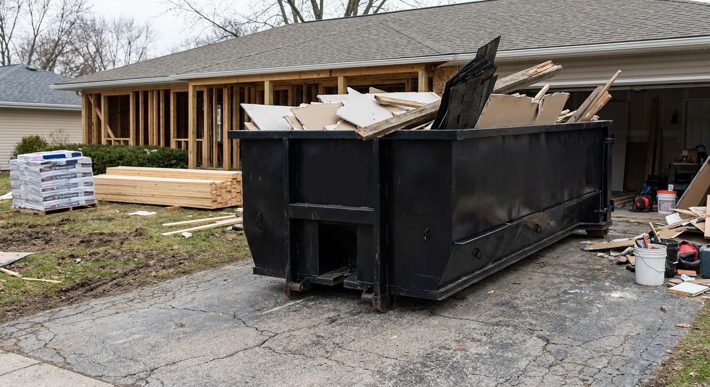 A matte-black 20-yard roll-off dumpster placed alongside a mid-renovation Westminster home directly on the asphalt driveway, with framing materials and torn-off shingles staged neatly nearby.