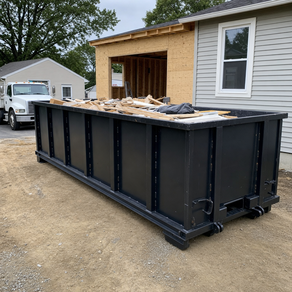 A matte-black 30-yard roll-off dumpster positioned at a Westminster residential addition jobsite, with framing lumber and drywall scraps loaded through the open swinging rear doors.