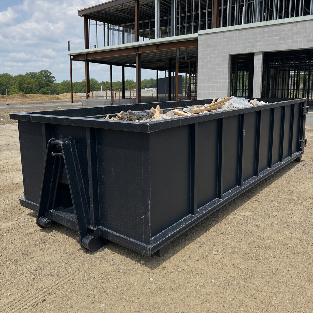A matte-black 40-yard roll-off dumpster staged on a large Westminster commercial construction lot, with a hooklift delivery truck parked alongside under bright midday sky.