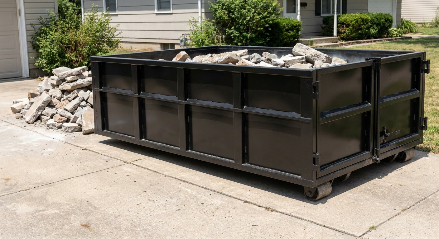 A matte-black low-side heavy-debris roll-off dumpster placed directly on a Westminster concrete driveway, with broken concrete chunks neatly stacked beside it under clean daylight.